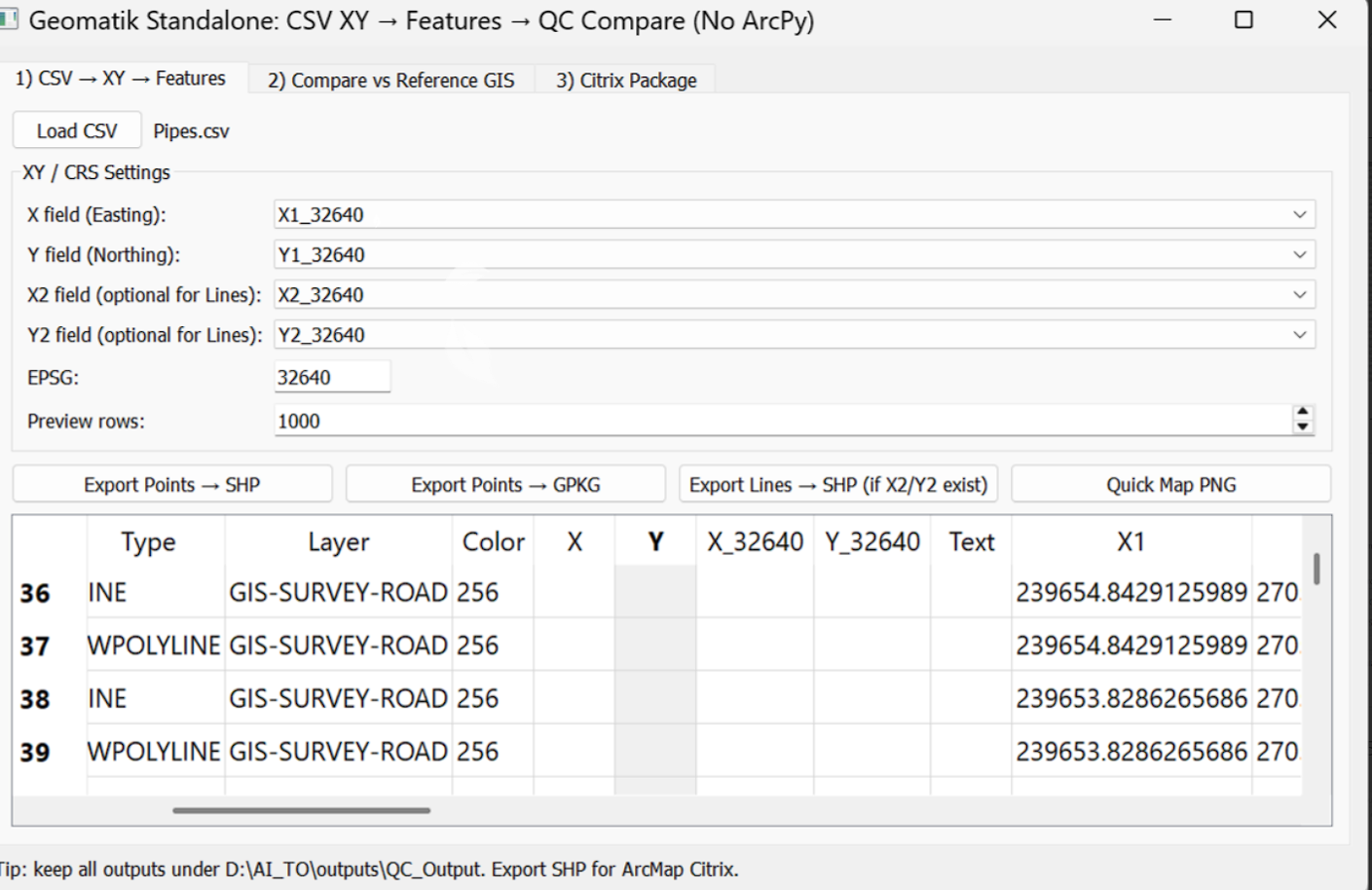 Geomatik Standalone tool converting CSV coordinates to GIS features with QC comparison, no ArcPy required